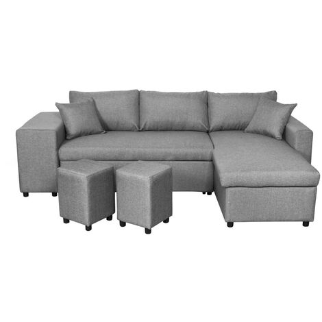 Canapé d'angle réversible OSLO avec coffre et poufs gauche - Tissu gris clair (1/10)