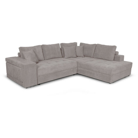 Canapé d'angle TAMIA convertible avec coffre et 2 poufs en tissu - Gris clair, Angle Droit (1/5)