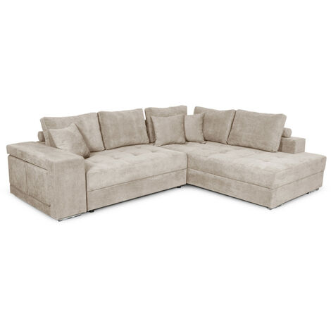 Canapé d'angle TAMIA convertible avec coffre et 2 poufs en tissu - Beige, Angle Droit (1/5)