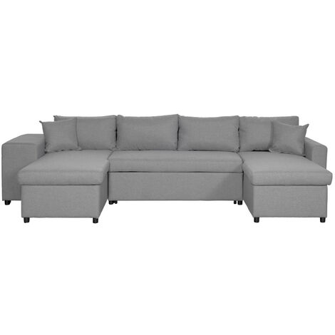 Canapé d'angle panoramique OSLO convertible avec coffres et poufs à gauche en tissu - Gris clair (1/5)