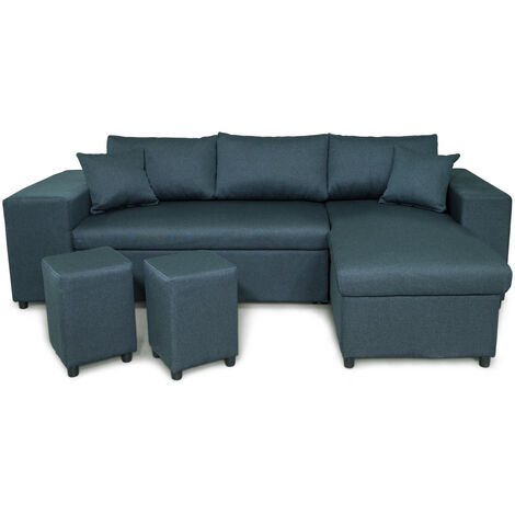Canapé d'angle réversible MADY avec coffre, accoudoir étagère et poufs gauche en tissu bleu (1/5)