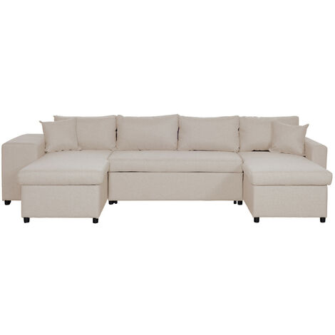 Canapé d'angle panoramique OSLO convertible avec coffres et poufs à gauche en tissu - Beige (1/5)