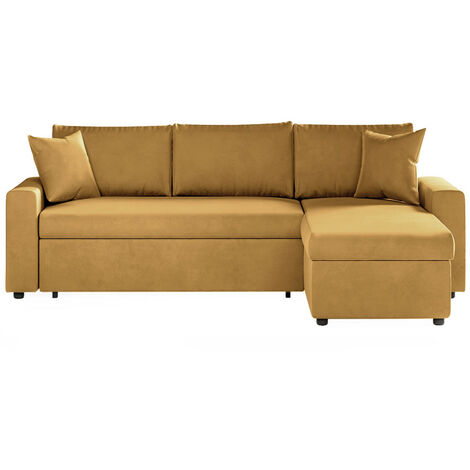 Loungitude – Canapé d'angle convertible réversible avec coffre en velours – 223 x 148 x 81 cm – Couchage 140 x 190 cm – Jaune ocre (1/5)