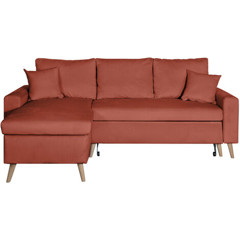 Canapé d'angle MARIA SCANDINAVE VELOURS réversible et convertible avec coffre - Rouge brique (1/5)