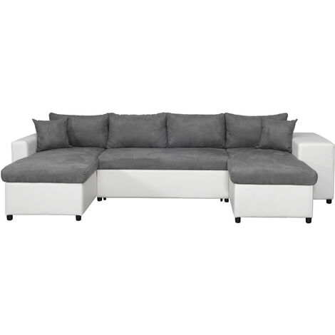 Loungitude – Canapé panoramique convertible 6 places avec coffres de rangement – Poufs à droite – Simili blanc et microfibre grise – Fabrication européenne (1/5)