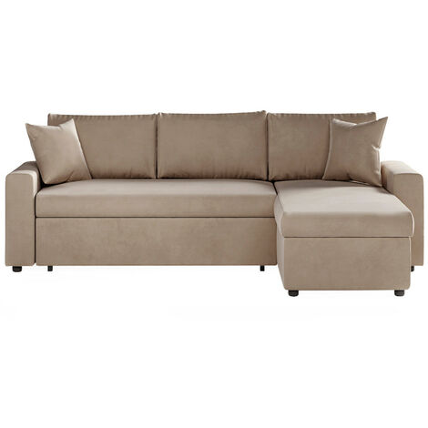 Loungitude – Canapé d'angle réversible convertible avec coffre en velours – Couchage 135 x 195 cm – Dimensions 223 x 148 x 81 cm – Grège (1/5)