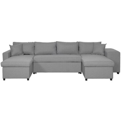 Canapé d'angle panoramique OSLO convertible avec coffres et poufs à droite en tissu - Gris clair (1/5)