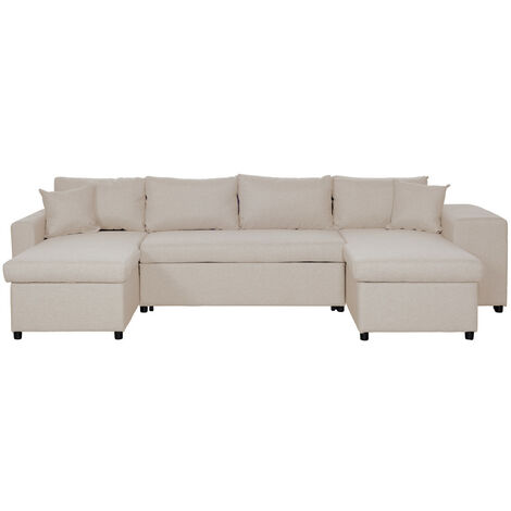Loungitude – Canapé d'angle panoramique convertible 6 places – Coffres de rangement intégrés – 311 x 146 x 81 cm – Tissu beige (1/5)