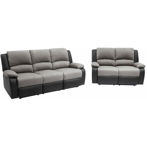 Loungitude – Canapé relax 3 places et 2 places – Microfibre grise et simili noir – Inclinaison jusqu'à 170° – Repose-pieds relevable – Confort optimal
