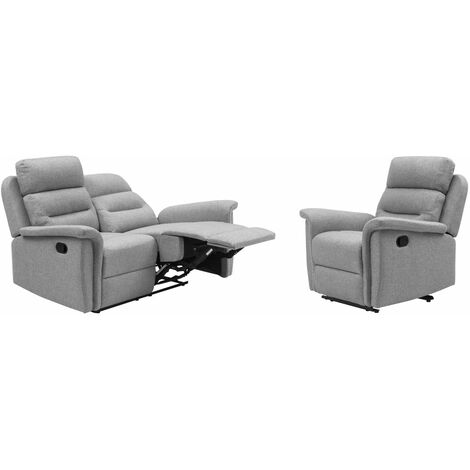 Loungitude – Ensemble canapé relax manuel 2 places et fauteuil – Tissu gris clair – Inclinaison facile – Accoudoirs ergonomiques – Dimensions canapé 140x94x100cm