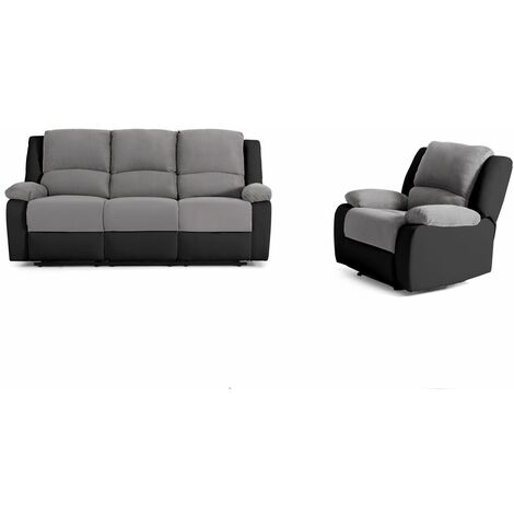 Loungitude – Canapé relax 3 places et fauteuil 1 place – Microfibre grise et simili noir – Inclinaison jusqu'à 170° – Confort optimal avec mousse