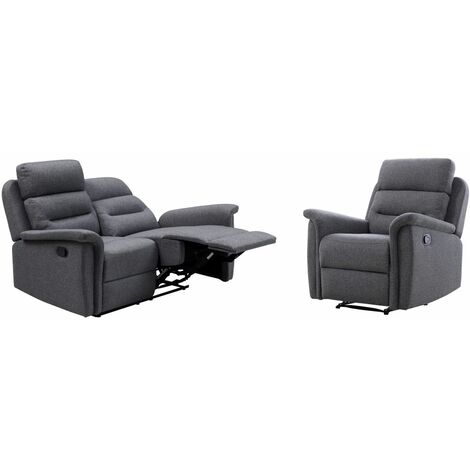 RELAXXO - Ensemble canapé relax manuel LÉON 2 places + fauteuil manuel en tissu gris foncé