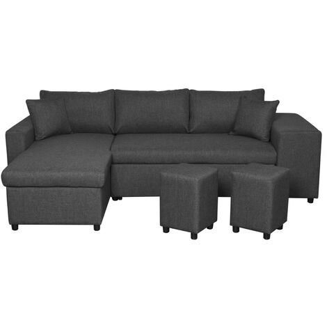 Canapé d'angle réversible OSLO avec coffre et poufs droit - Tissu gris foncé (1/5)