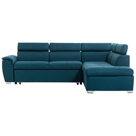 Canapé d'angle convertible PAOLA 4 places avec coffre en tissu - Bleu - Angle Droit