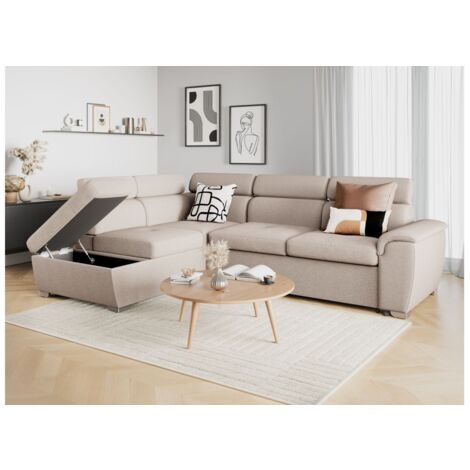 Loungitude – Canapé d'angle convertible 4 places avec coffre de rangement – Tissu beige – Dimensions lit 197x120 cm – Têtières réglables