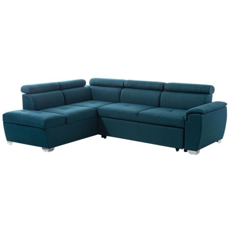 Loungitude – Canapé d'angle convertible 4 places avec coffre de rangement – Tissu bleu – Dimensions lit 197x120 cm – Têtières réglables