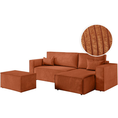 PACK - CLARISSE - Canapé d'angle convertible réversible avec pouf en velours côtelé - Terracotta (1/5)