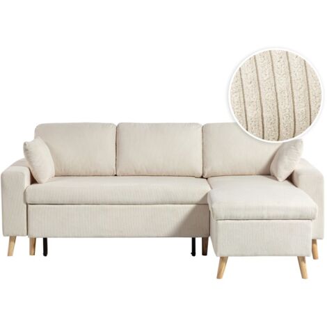 Loungitude – Canapé d'angle réversible convertible avec coffre en velours côtelé – 2 coussins – Dimensions coffre 113 x 55 x 22,5 cm – Beige (1/5)