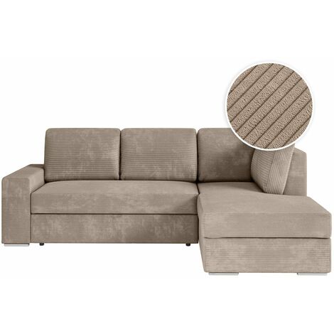 Loungitude – Canapé d'angle convertible en velours côtelé – Coffre de rangement intégré – Angle droit – Taupe – Design moderne épuré (1/5)