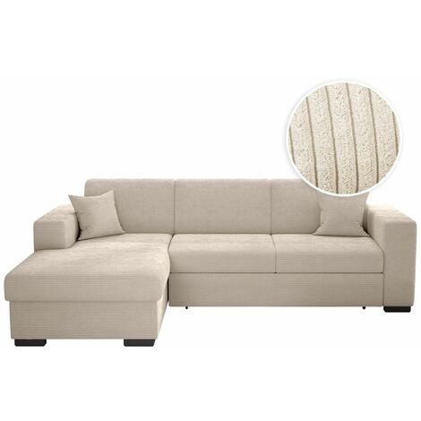 Loungitude – Canapé d'angle convertible FUJI XL avec coffre en velours côtelé – Angle gauche – Beige – Confort optimal et design moderne (1/6)