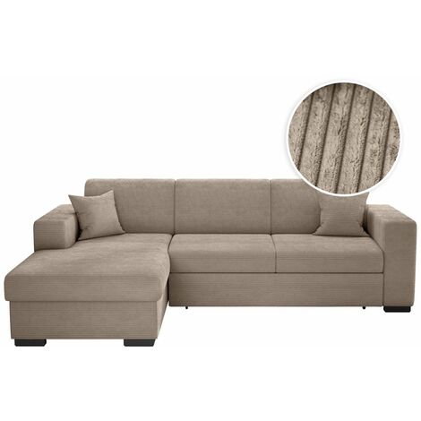 Loungitude – Canapé d'angle convertible avec coffre en velours côtelé – Angle gauche – Taupe – Design moderne et confortable – Idéal pour salon spacieux