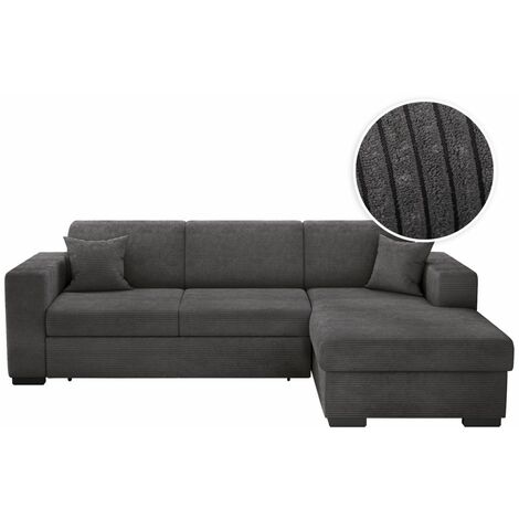 Loungitude – Canapé d'angle convertible avec coffre en velours côtelé – Angle droit – Gris foncé – Confort optimal avec grands coussins moelleux (1/5)