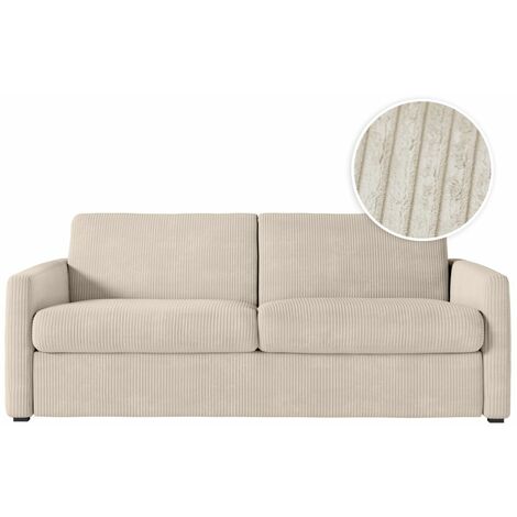 Loungitude – Canapé convertible 3 places express en velours côtelé – Matelas 13cm – Couchage 140x190cm – Beige – Confort optimal pour invités (1/5)