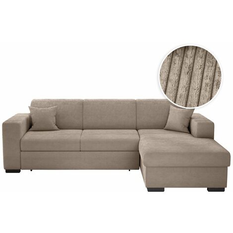 Loungitude – Canapé d'angle convertible FUJI XL avec coffre en velours côtelé – Angle droit – Confort optimal pour couchage d'appoint – Taupe (1/5)