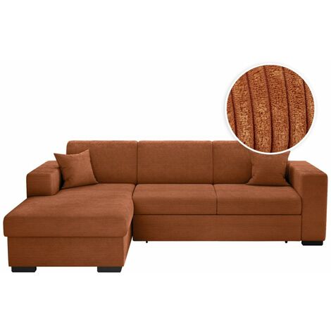 Loungitude – Canapé d'angle convertible avec coffre en velours côtelé – Angle gauche – Couleur terracotta – Grand confort et design moderne (1/5)