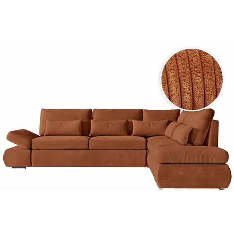 Loungitude – Canapé d'angle réversible convertible avec coffre en velours côtelé – Accoudoirs relevables – Couleur terracotta – Design moderne et confortable (1/5)