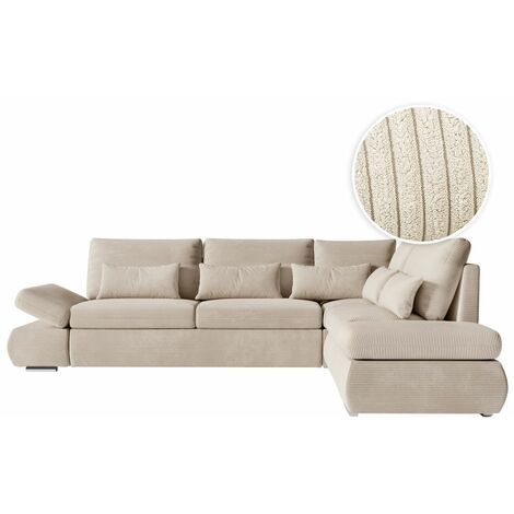 Loungitude – Canapé d'angle réversible convertible avec coffre en velours côtelé – Beige – Accoudoirs relevables pour confort sur mesure (1/6)