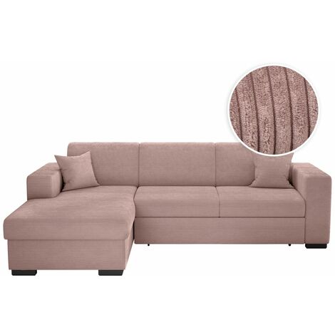 Loungitude – Canapé d'angle convertible FUJI XL avec coffre en velours côtelé – Angle gauche – 5 places – Coloris vieux rose (1/5)