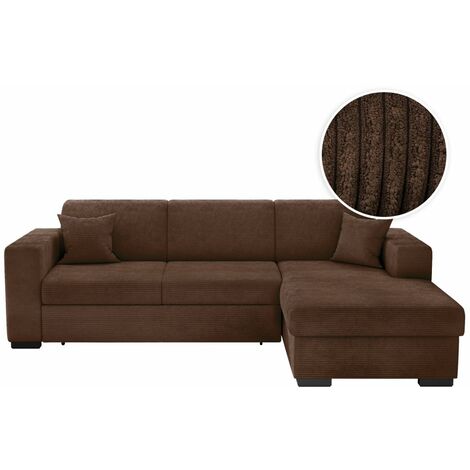 Loungitude – Canapé d'angle convertible avec coffre en velours côtelé – Angle droit – 5 places – Confort optimal – Marron (1/5)