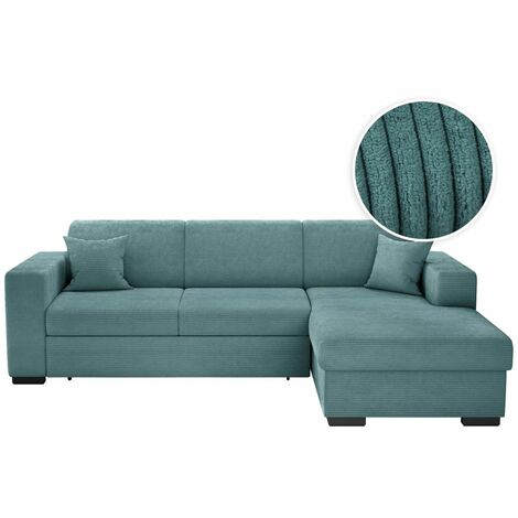 Loungitude – Canapé d'angle convertible FUJI XL avec coffre en velours côtelé – Angle droit – 5 places – Confort moelleux – Bleu clair (1/5)