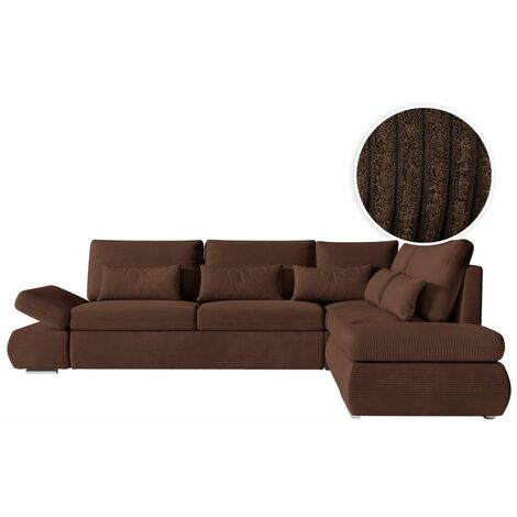 Loungitude – Canapé d'angle réversible convertible avec coffre en velours côtelé – Marron – Accoudoirs relevables pour confort sur mesure (1/5)