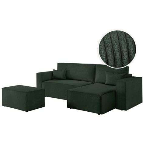 PACK - CLARISSE - Canapé d'angle convertible réversible avec pouf en velours côtelé - Vert foncé (1/5)