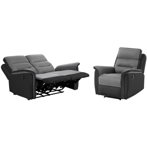 RELAXXO - Ensemble canapé relax LÉON 2 places + fauteuil manuel en microfibre et simili Gris/Noir