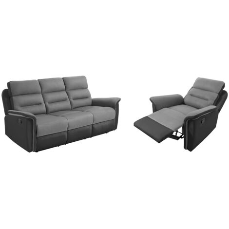 Loungitude – Canapé relax manuel 3 places microfibre et simili gris/noir – Fauteuil assorti – Confort optimal et entretien facile – Design moderne (1/5)