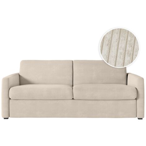 Loungitude – Canapé convertible 3 places express en velours côtelé – Matelas 13cm – Dimensions 160x190cm – Beige – Confort optimal pour invités