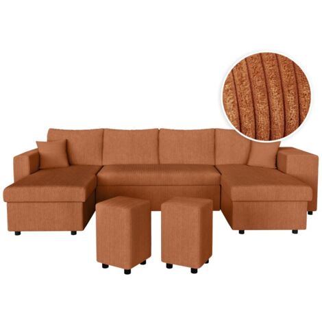 Canapé panoramique OSLO convertible avec 2 coffres, 2 poufs à droite en velours côtelé terracotta (1/5)