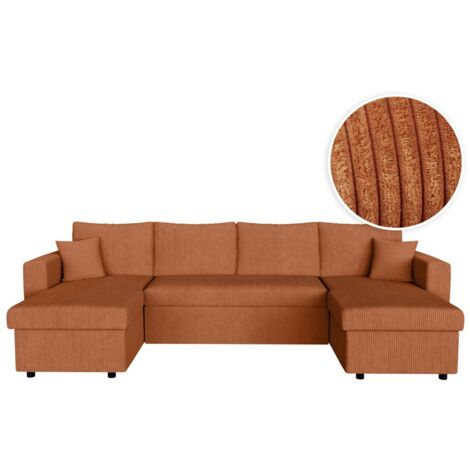 Loungitude – Canapé d'angle panoramique convertible 6 places avec 2 coffres en velours côtelé – Couleur terracotta – Système de couchage tiroir lit (1/5)