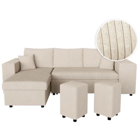 Loungitude – Canapé d'angle convertible MADY – 5 places – Tiroir lit – Coffre de rangement – Velours côtelé beige – Design moderne (1/5)