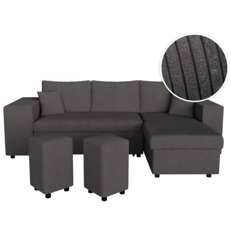 Canapé d'angle réversible MADY avec coffre, rangement poufs à gauche en velours côtelé gris foncé (1/5)