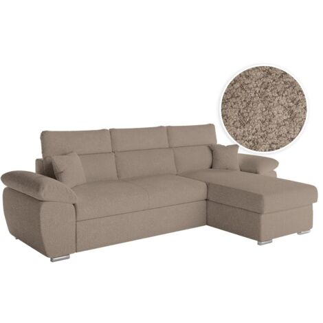 Canapé KOMECO d'angle réversible convertible avec coffre et têtières en tissu bouclette taupe (1/5)