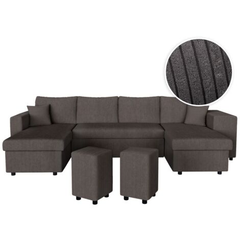 Canapé panoramique OSLO convertible avec 2 coffres, 2 poufs à droite en velours côtelé gris foncé (1/5)