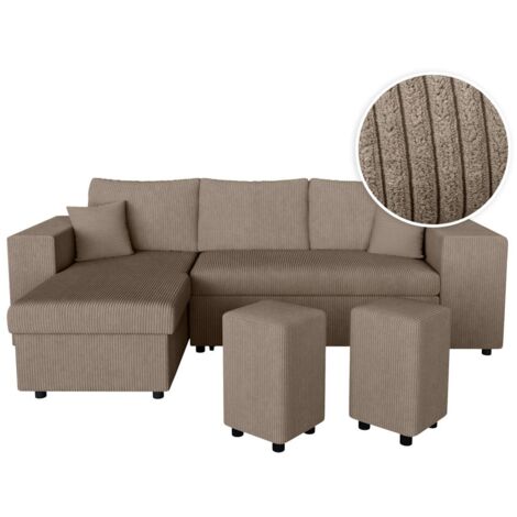 Canapé d'angle réversible MADY avec coffre, rangement poufs à droite en velours côtelé taupe (1/5)