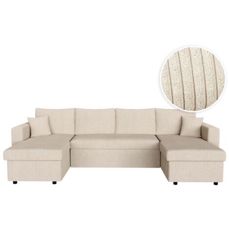 Loungitude – Canapé d'angle panoramique convertible 6 places avec 2 coffres – Velours côtelé beige – Lit d'appoint tiroir – Espace convivial (1/6)