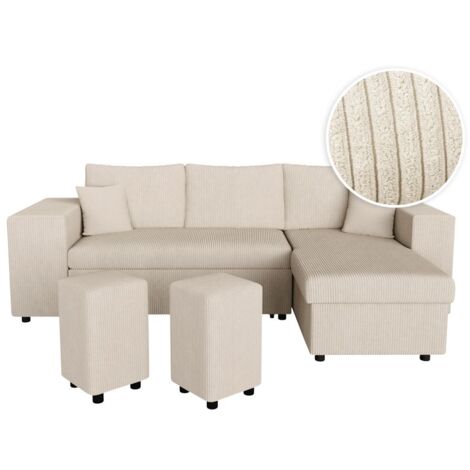 Canapé d'angle réversible MADY avec coffre, rangement poufs à gauche en velours côtelé beige (1/5)