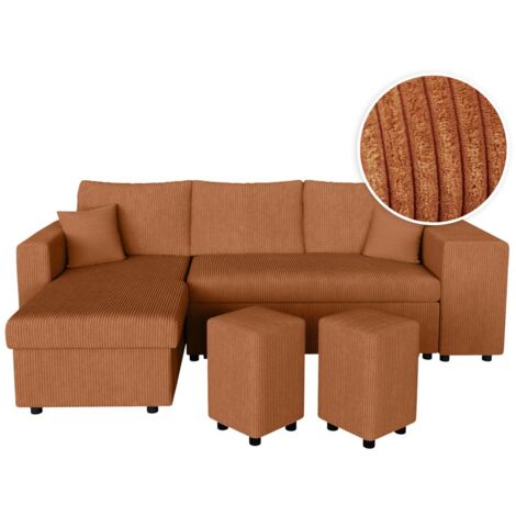 Canapé d'angle réversible convertible OSLO avec coffre 2 poufs à droite en velours côtelé terracotta (1/5)