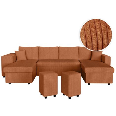 Canapé panoramique OSLO convertible avec 2 coffres, 2 poufs à gauche en velours côtelé terracotta (1/5)